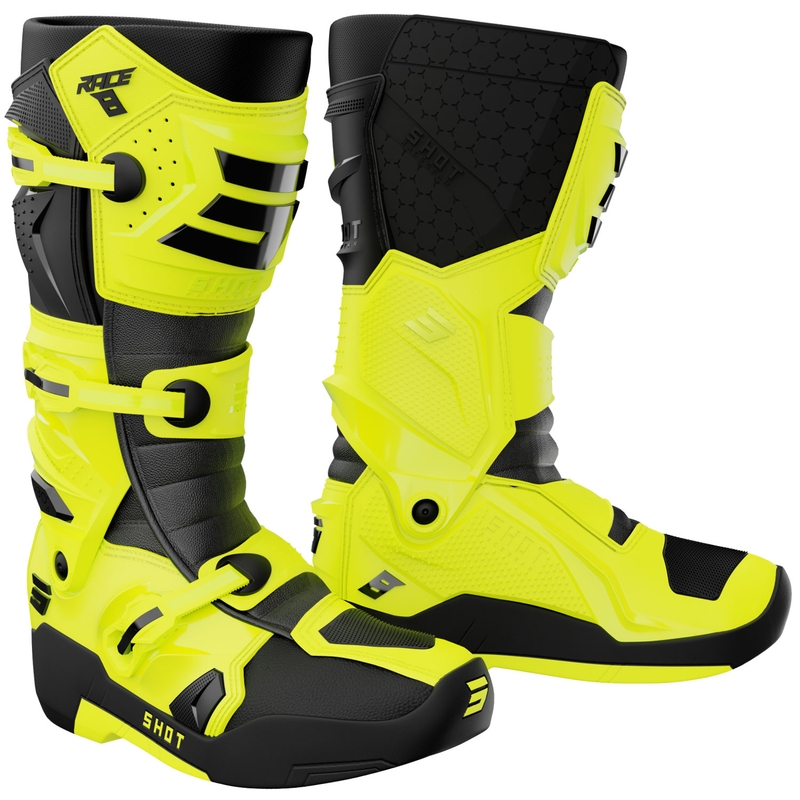 Botas de motocross Shot Race 8, color amarillo flúor.