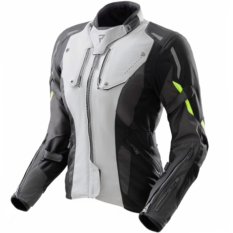Chaqueta de moto para mujer Rebelhorn Hiker IV, color negro, gris y amarillo flúor.