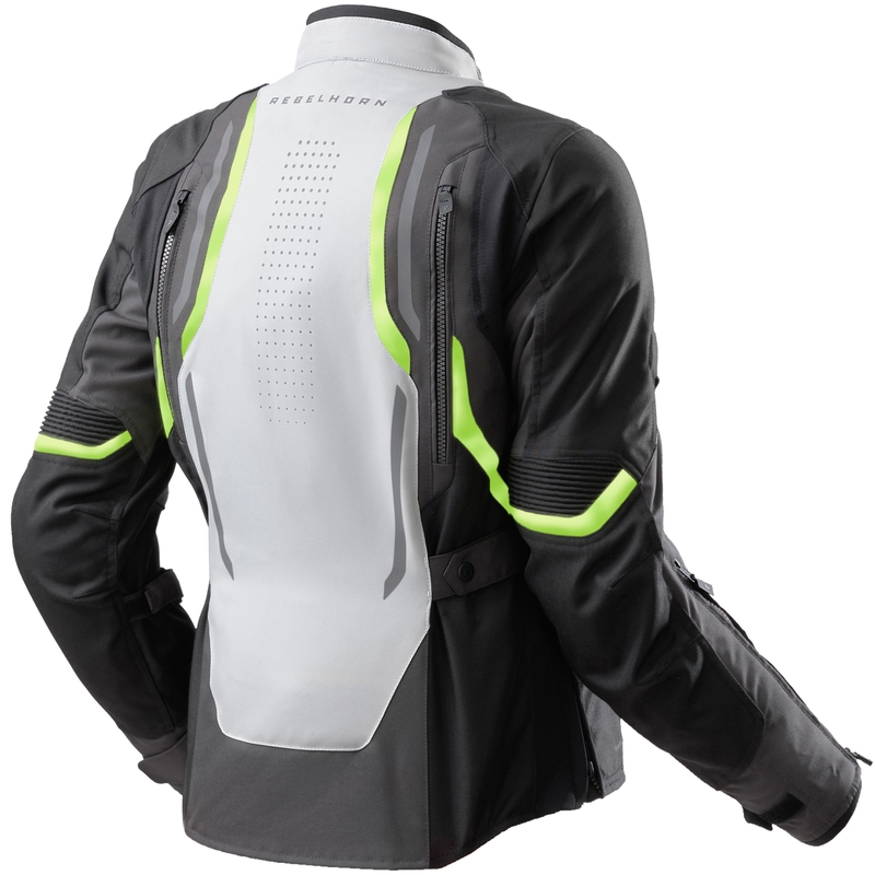 Chaqueta de moto para mujer Rebelhorn Hiker IV, color negro, gris y amarillo flúor.
