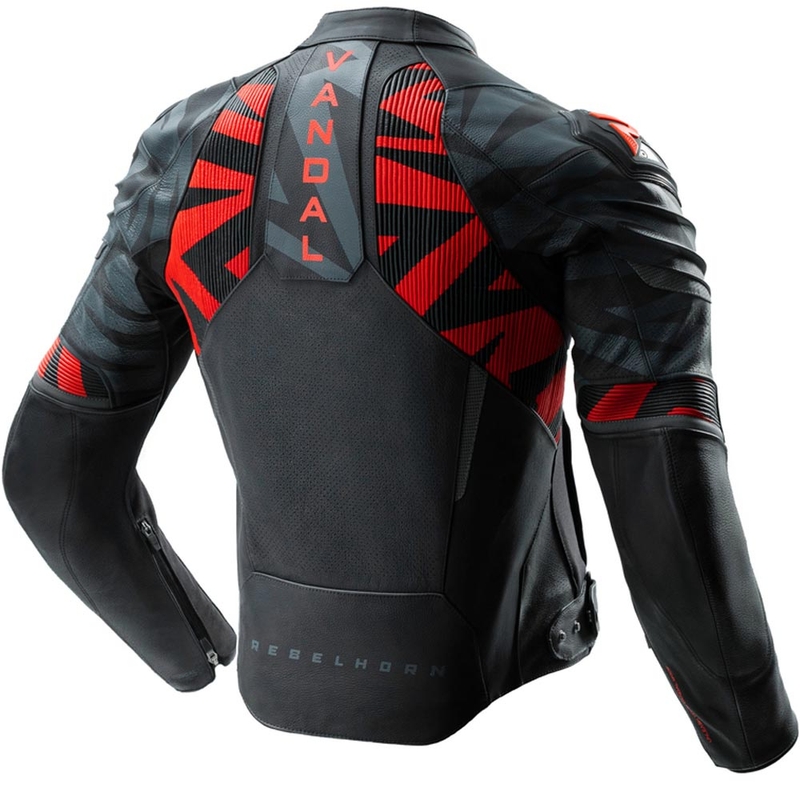 Chaqueta de moto de cuero Rebelhorn Vandal 2 en negro, gris y rojo fluorescente