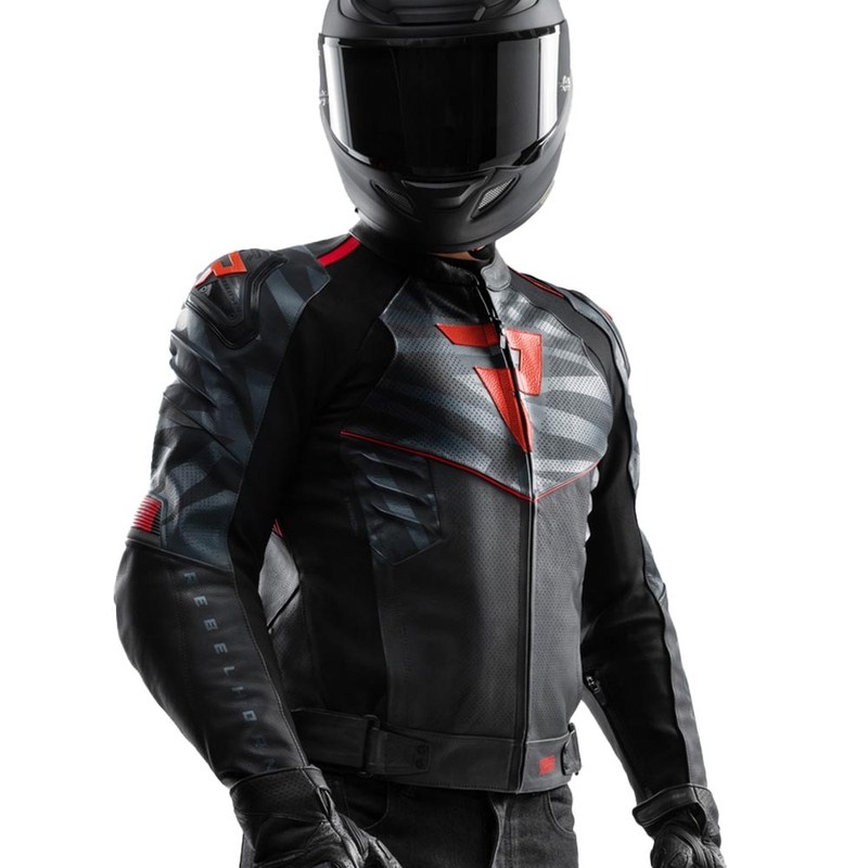 Chaqueta de moto de cuero Rebelhorn Vandal 2 en negro, gris y rojo fluorescente
