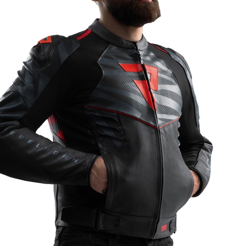 Chaqueta de moto de cuero Rebelhorn Vandal 2 en negro, gris y rojo fluorescente