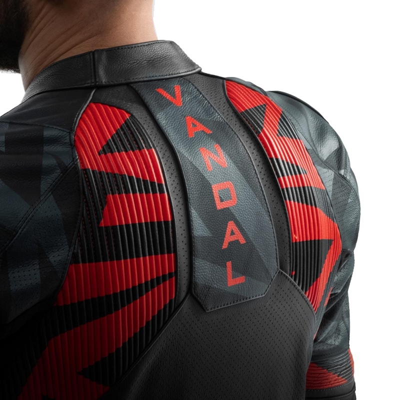 Chaqueta de moto de cuero Rebelhorn Vandal 2 en negro, gris y rojo fluorescente