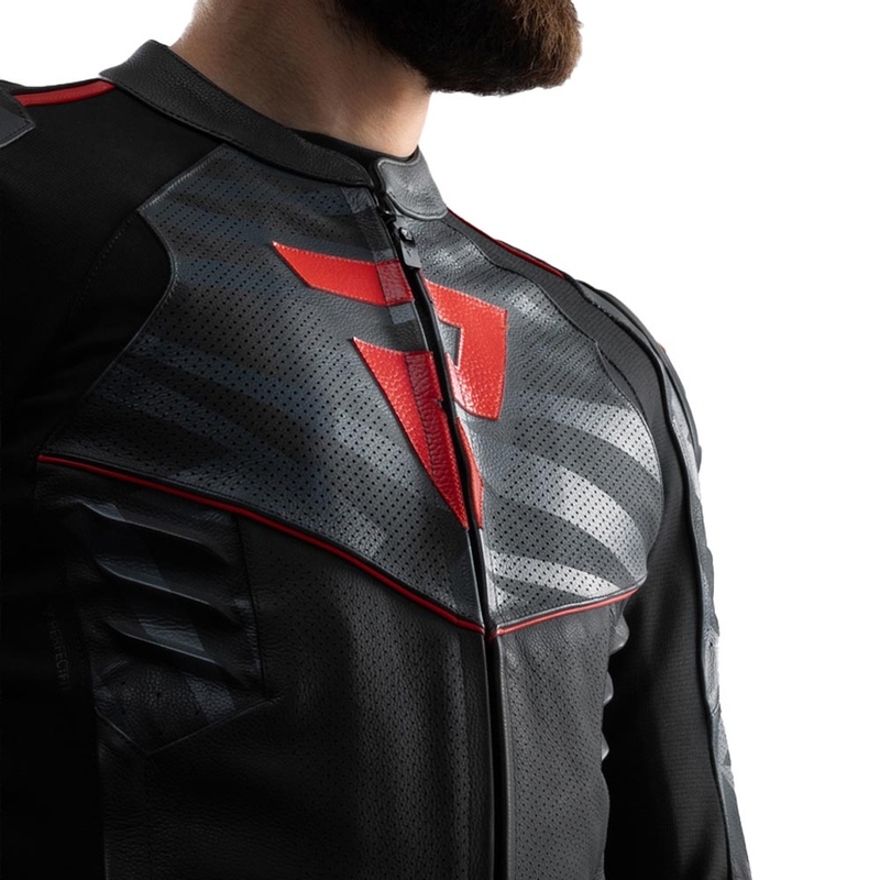 Chaqueta de moto de cuero Rebelhorn Vandal 2 en negro, gris y rojo fluorescente