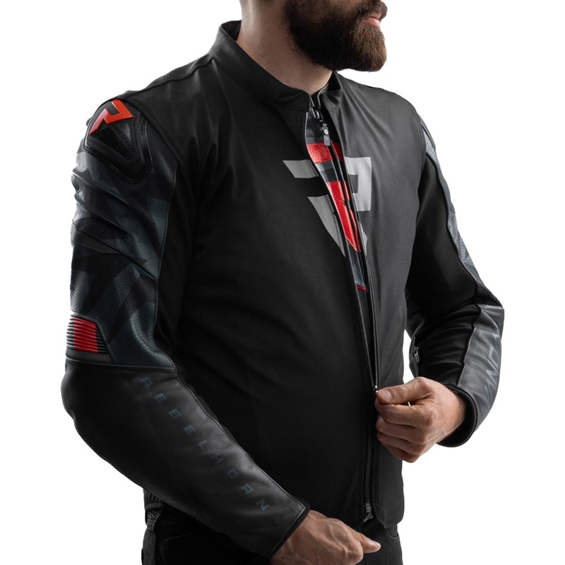 Chaqueta de moto de cuero Rebelhorn Vandal 2 en negro, gris y rojo fluorescente