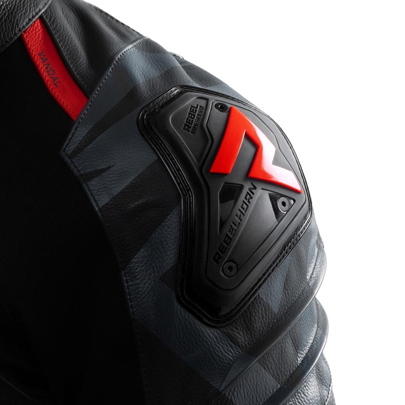 Chaqueta de moto de cuero Rebelhorn Vandal 2 en negro, gris y rojo fluorescente