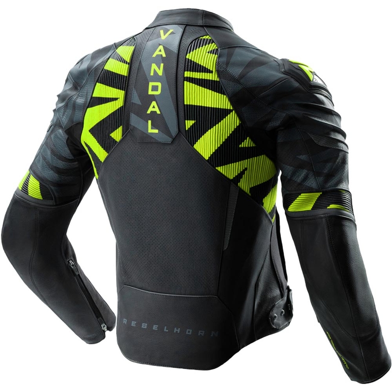 Chaqueta de moto de cuero Rebelhorn Vandal 2 en negro, gris y amarillo fluorescente