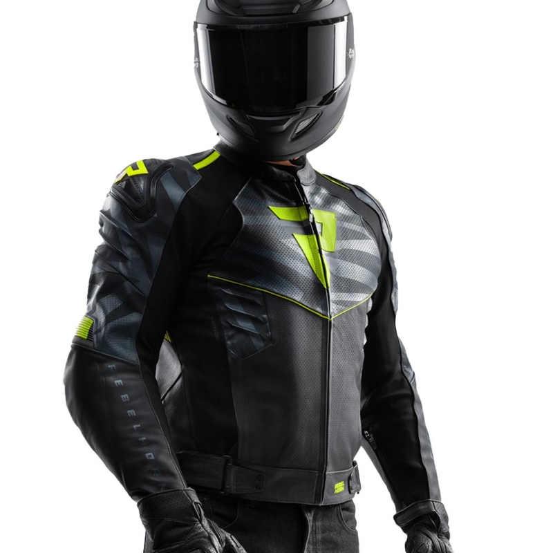 Chaqueta de moto de cuero Rebelhorn Vandal 2 en negro, gris y amarillo fluorescente