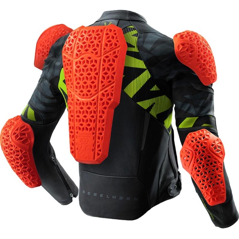 Chaqueta de moto de cuero Rebelhorn Vandal 2 en negro, gris y amarillo fluorescente