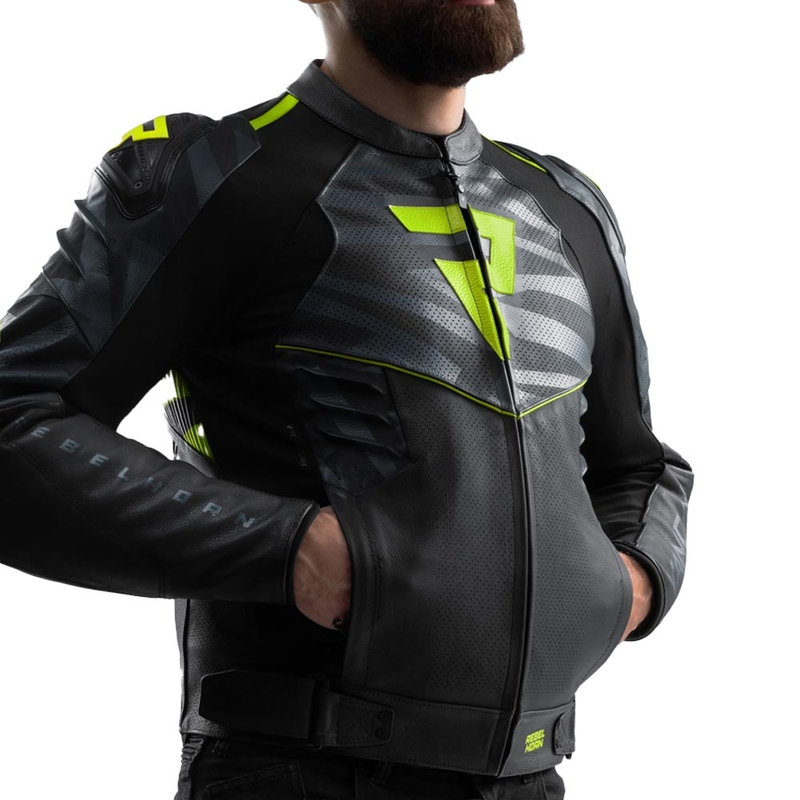 Chaqueta de moto de cuero Rebelhorn Vandal 2 en negro, gris y amarillo fluorescente