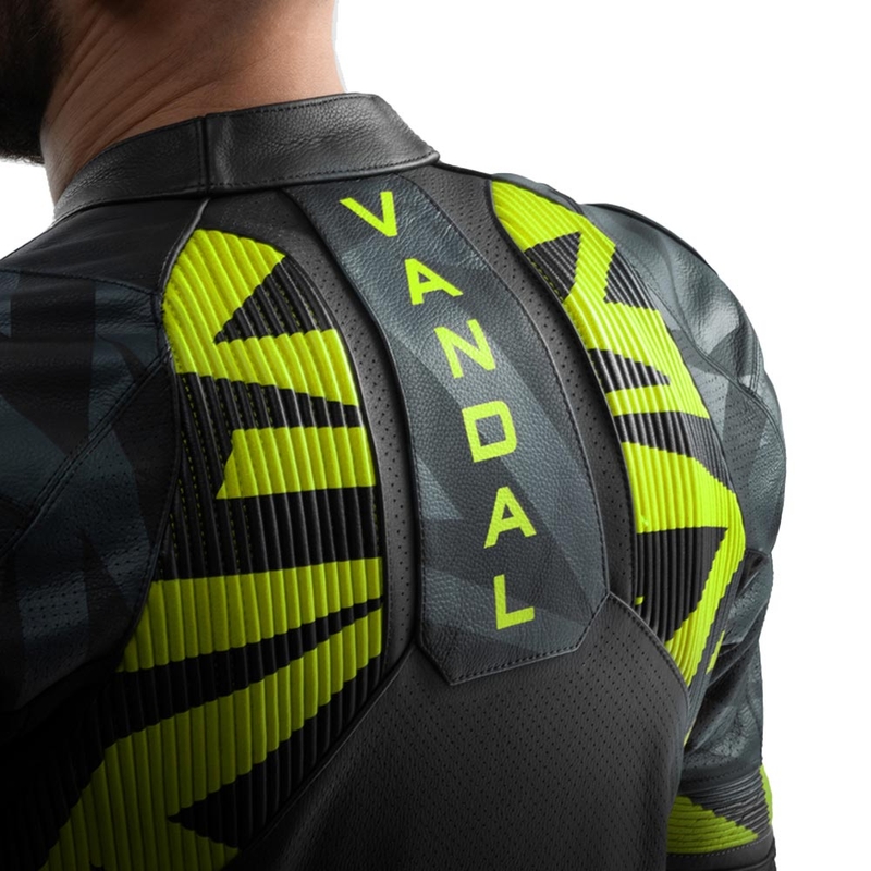 Chaqueta de moto de cuero Rebelhorn Vandal 2 en negro, gris y amarillo fluorescente