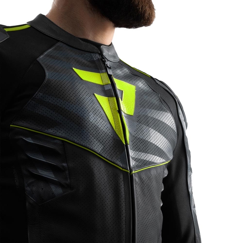 Chaqueta de moto de cuero Rebelhorn Vandal 2 en negro, gris y amarillo fluorescente