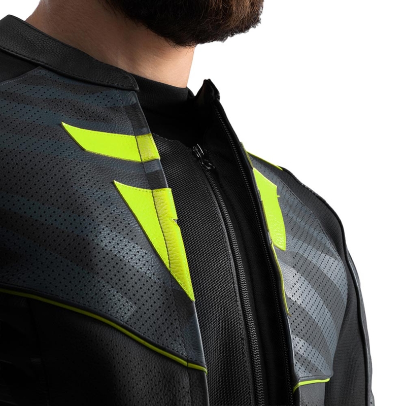 Chaqueta de moto de cuero Rebelhorn Vandal 2 en negro, gris y amarillo fluorescente