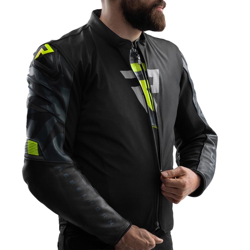 Chaqueta de moto de cuero Rebelhorn Vandal 2 en negro, gris y amarillo fluorescente