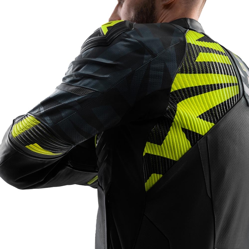 Chaqueta de moto de cuero Rebelhorn Vandal 2 en negro, gris y amarillo fluorescente