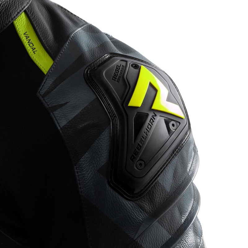 Chaqueta de moto de cuero Rebelhorn Vandal 2 en negro, gris y amarillo fluorescente
