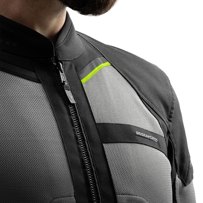 Chaqueta de moto Rebelhorn Scandal 3 en negro, gris y amarillo fluorescente