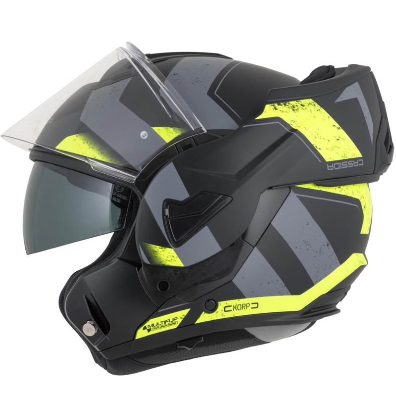 Casco de moto modular Cassida MultiFlip Korp en negro mate, amarillo fluorescente y gris