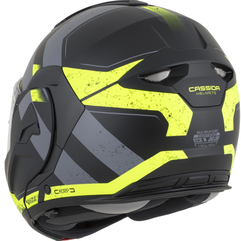 Casco de moto modular Cassida MultiFlip Korp en negro mate, amarillo fluorescente y gris