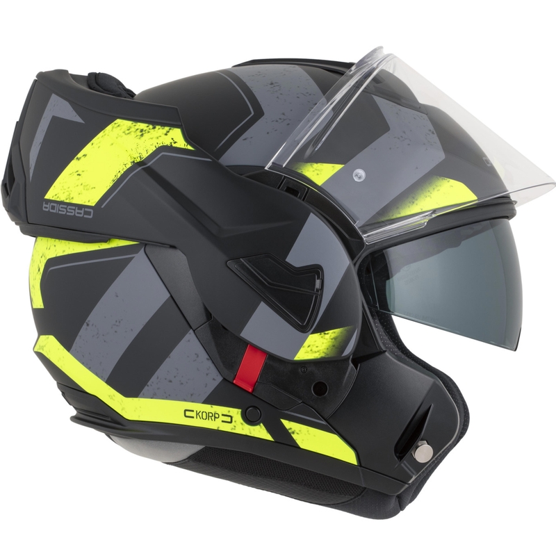 Casco de moto modular Cassida MultiFlip Korp en negro mate, amarillo fluorescente y gris