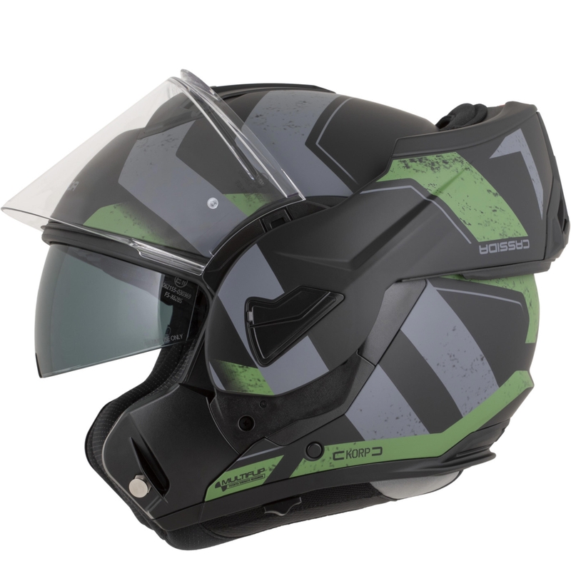Casco de moto modular Cassida MultiFlip Korp en negro mate, verde y gris