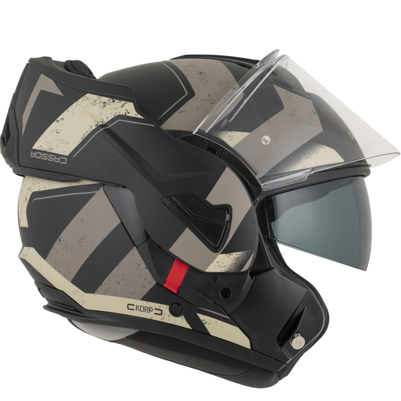 Casco de moto modular Cassida MultiFlip Korp en negro mate, arena y caqui