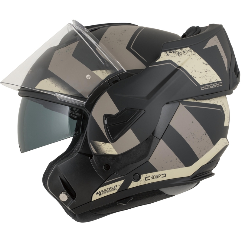 Casco de moto modular Cassida MultiFlip Korp en negro mate, arena y caqui