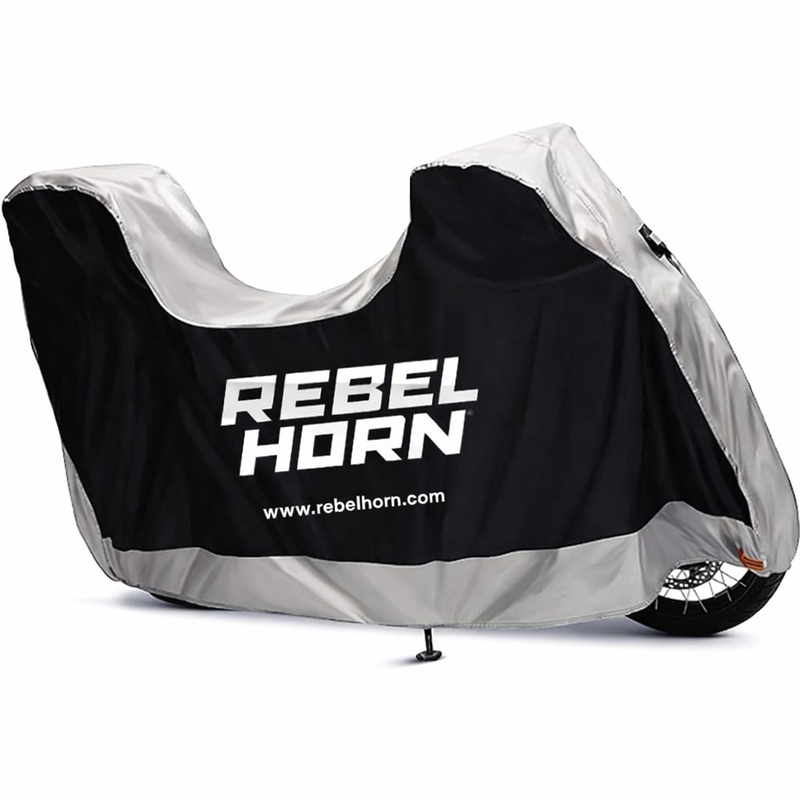 Funda para motocicleta Rebelhorn Shelter con espacio para maletero, color negro y plateado