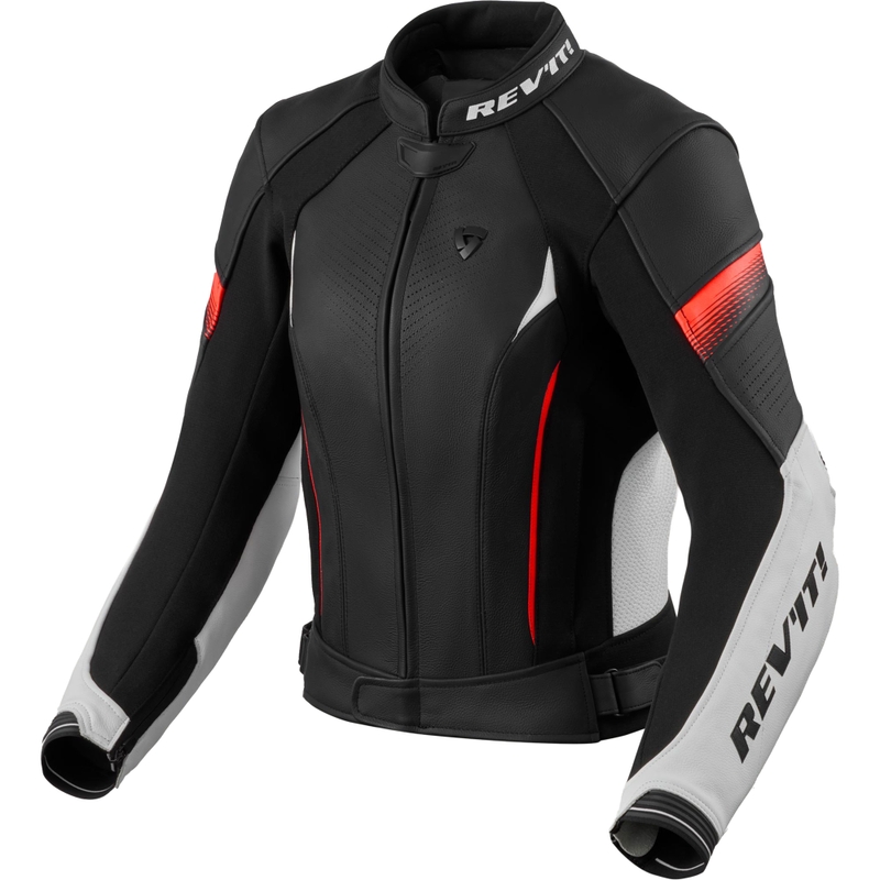 Chaqueta de moto de cuero para mujer Revit Xena 4 blanco-rojo fluo