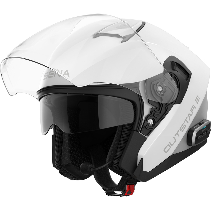 Casco de moto abierto SENA Outstar 2 con auriculares, blanco brillante