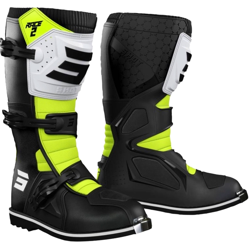 Botas de motocross Shot Race 2 para niños, color negro, blanco y amarillo flúor.