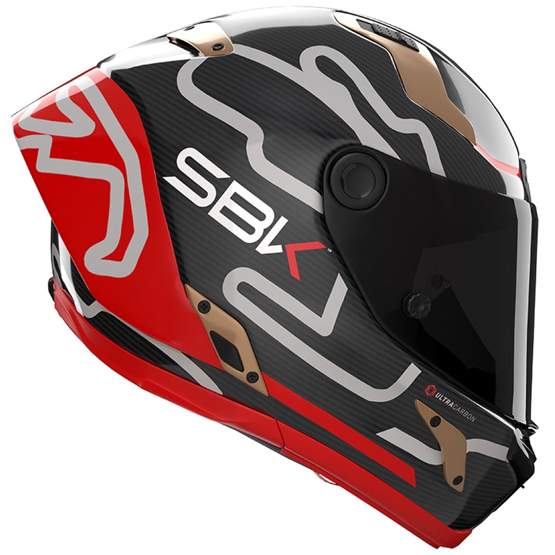 Casco integral de moto Nolan X-804 RS Ultra Carbon SBK en negro brillante, rojo y dorado