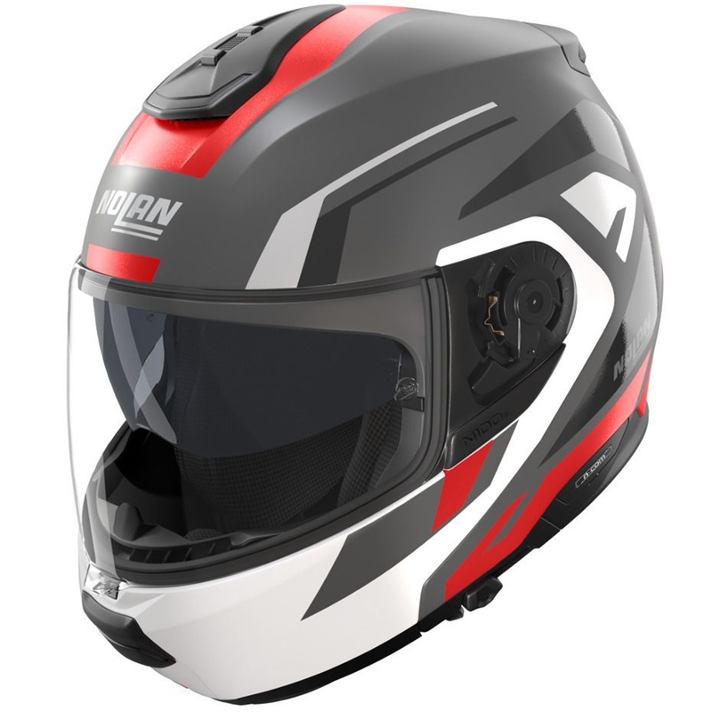 Casco de moto abatible Nolan N100-6 Cinetico N-COM 361 gris mate-blanco-rojo