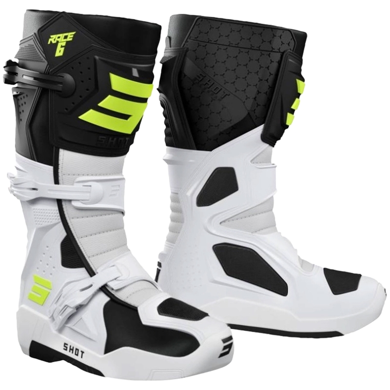 Botas de motocross Shot Race 6 en negro, blanco y amarillo flúor.