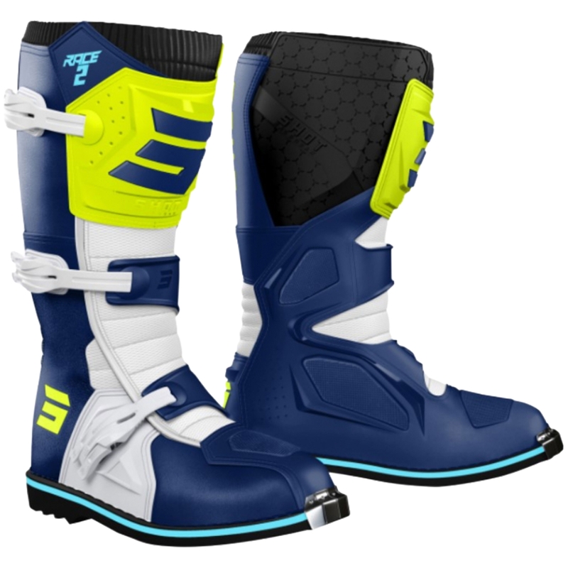 Botas de motocross Shot Race 2 azul-blanco-amarillo flúor