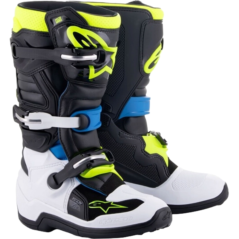 Botas de moto para niños Alpinestars Tech 7 S en negro-blanco-amarillo fluorescente-azul