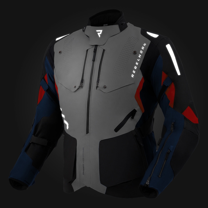 Chaqueta de moto Rebelhorn Hiker IV gris claro-azul-rojo