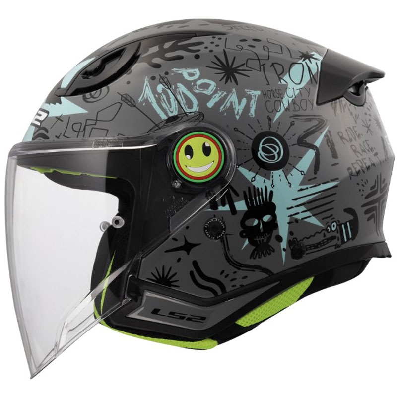 Casco de motocicleta infantil abierto LS2 OF622 Funny II Scribble gris azulado brillante
