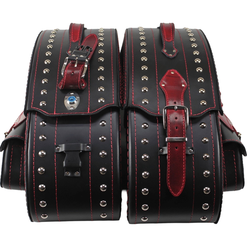 Alforjas de cuero para moto con remaches RSA S261B negro-rojo