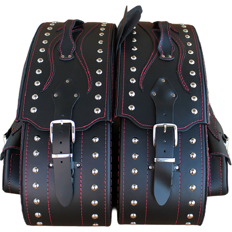 Alforjas de cuero para moto con remaches RSA S266B negro-rojo