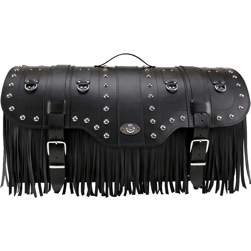 Funda de piel para moto con cerradura, remaches y flecos RSA K160 negra