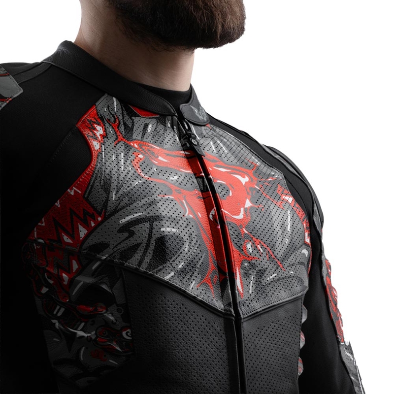 Chaqueta de moto de cuero Rebelhorn Vandal 2 Cruze en negro, gris oscuro y rojo