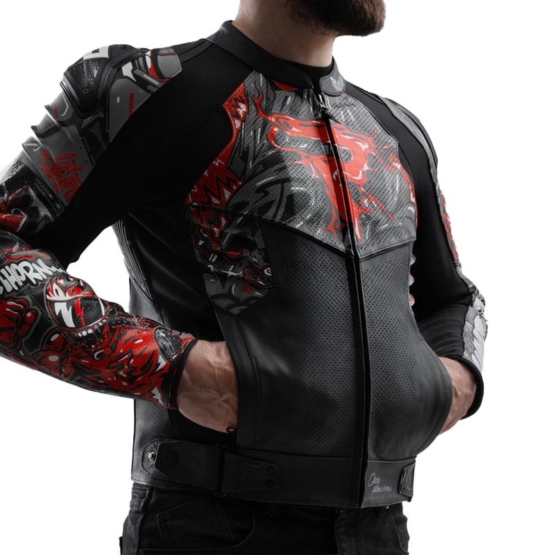 Chaqueta de moto de cuero Rebelhorn Vandal 2 Cruze en negro, gris oscuro y rojo