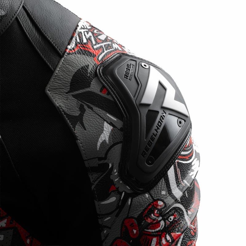 Chaqueta de moto de cuero Rebelhorn Vandal 2 Cruze en negro, gris oscuro y rojo