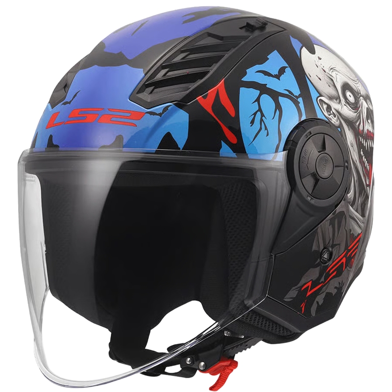 Casco de moto jet LS2 OF616 Airflow II Zombie negro brillante, rojo y azul