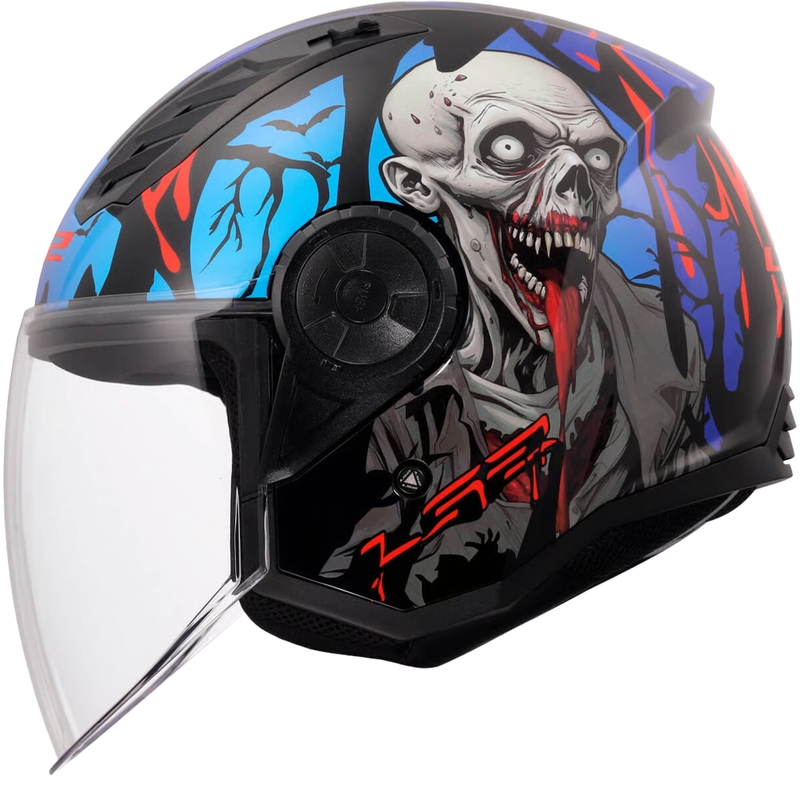 Casco de moto jet LS2 OF616 Airflow II Zombie negro brillante, rojo y azul
