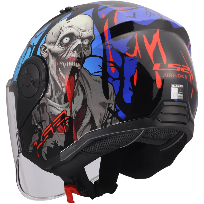 Casco de moto jet LS2 OF616 Airflow II Zombie negro brillante, rojo y azul