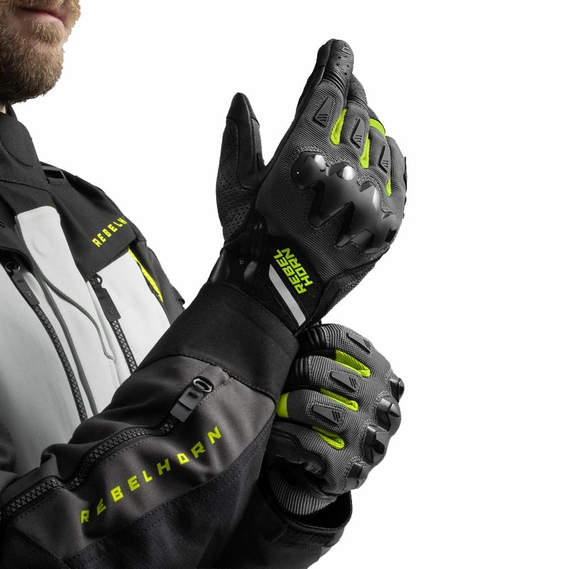 Guantes de moto Rebelhorn Defender negro-gris-amarillo fluorescente