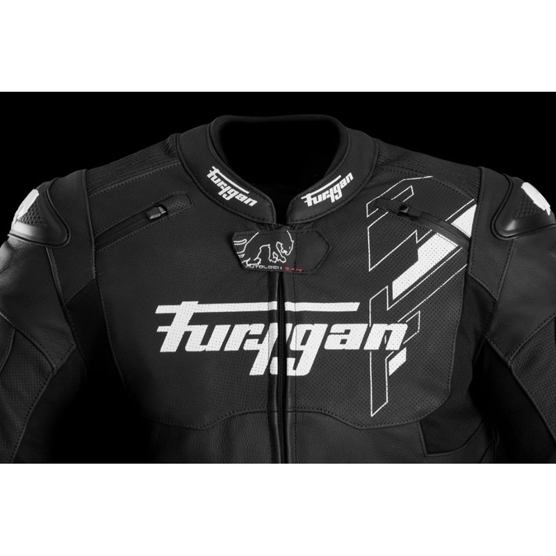 Chaqueta de moto de cuero Furygan Raptor Evo 3 en blanco y negro.