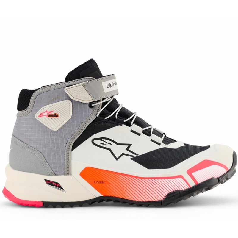 Botas de moto Alpinestars Stella CR-X Drystar para mujer en blanco, gris claro, negro y rosa fluorescente